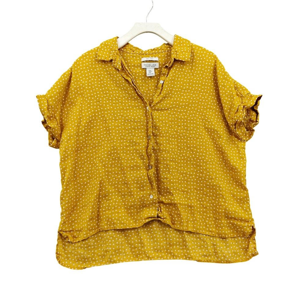 Rachel Zoe Womens Boho Cottagecore 10% Linen Shirt Medium Yellow Polka Dot Top